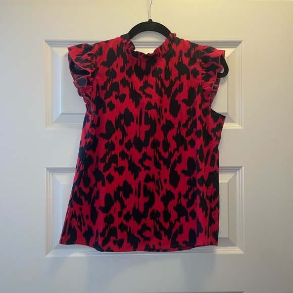 Black and Red Abstract Pattern Ruffle Blouse Small Short Sleeve - Picture 1 of 1